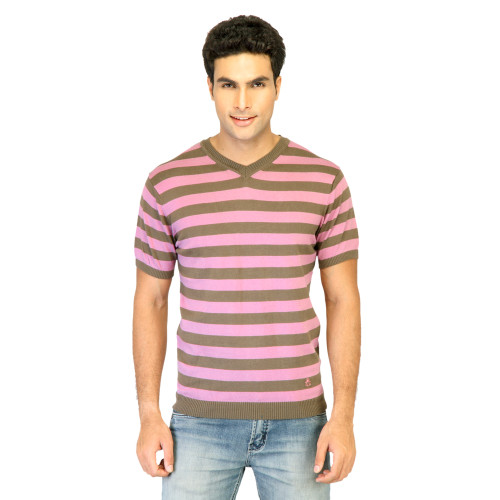 Colors of Benetton Men Stripes Pink Tshirts