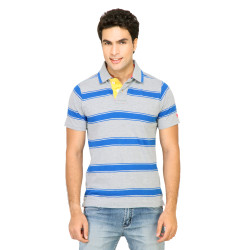 Basics Men Grey Striped Polo T-shirt Basics Men Grey Striped Polo T-shirt