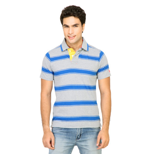 Basics Men Grey Striped Polo T-shirt