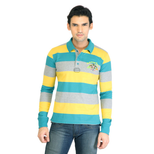 Peter England Men Stripes Yellow Polo T-Shirt