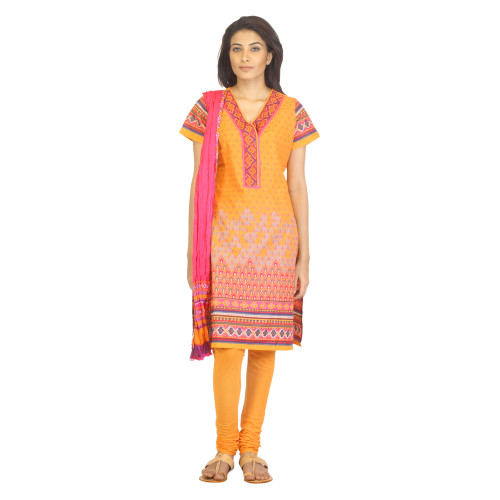 Biba Outlet Women Orange Printed Churidar Kurta with Dupatta