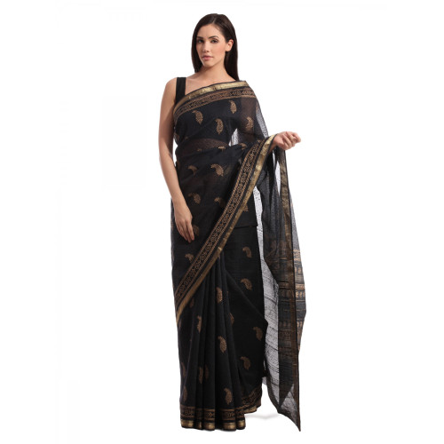 H& Printed Black Cotton Silk Sari